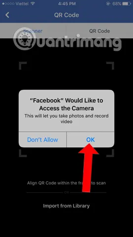 Màn hình xác nhận yêu cầu cấp quyền sử dụng camera trên Facebook