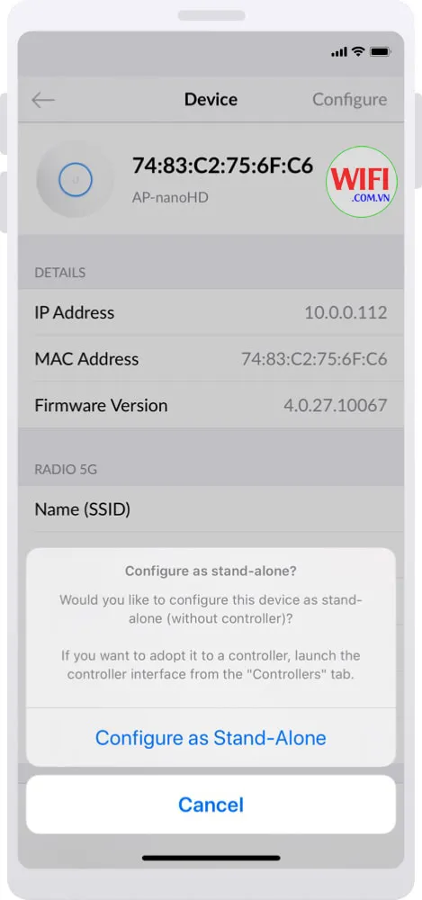 Màn hình yêu cầu chọn Configure (Cấu hình) để bắt đầu thiết lập chế độ Độc lập