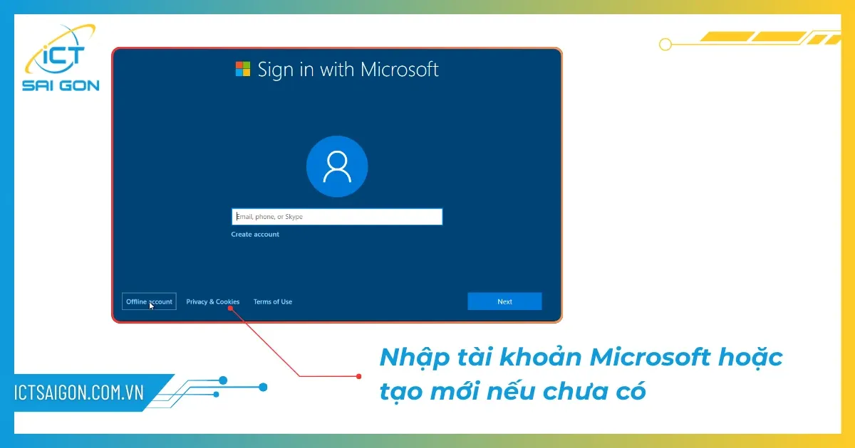 Màn hình yêu cầu đăng nhập hoặc tạo tài khoản Microsoft