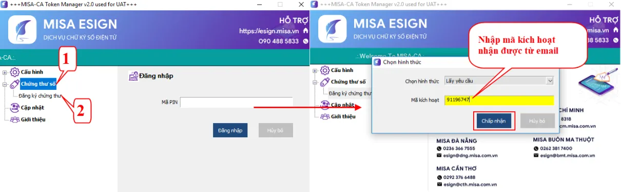 Màn hình yêu cầu nhập Mã kích hoạt chứng thư số
