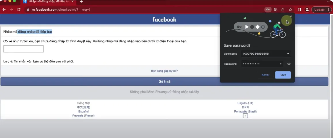 Màn hình yêu cầu nhập mã xác thực 2 yếu tố Facebook khi đăng nhập tài khoản via