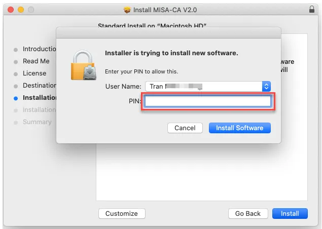 Màn hình yêu cầu nhập mật khẩu của Macbook để cài đặt phần mềm
