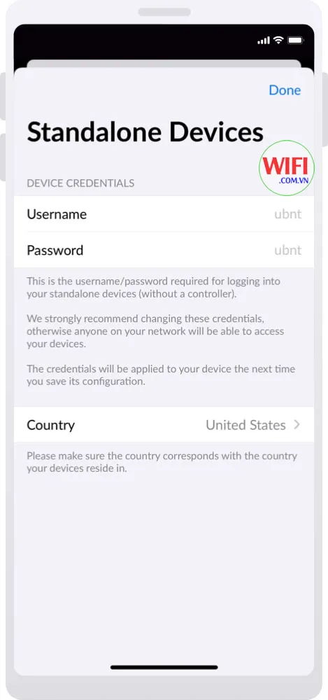 Màn hình yêu cầu nhập thông tin đăng nhập (Credentials) mới cho bộ phát UniFi