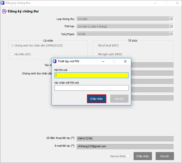 Màn hình yêu cầu thiết lập lại Mã pin mới cho USB Token