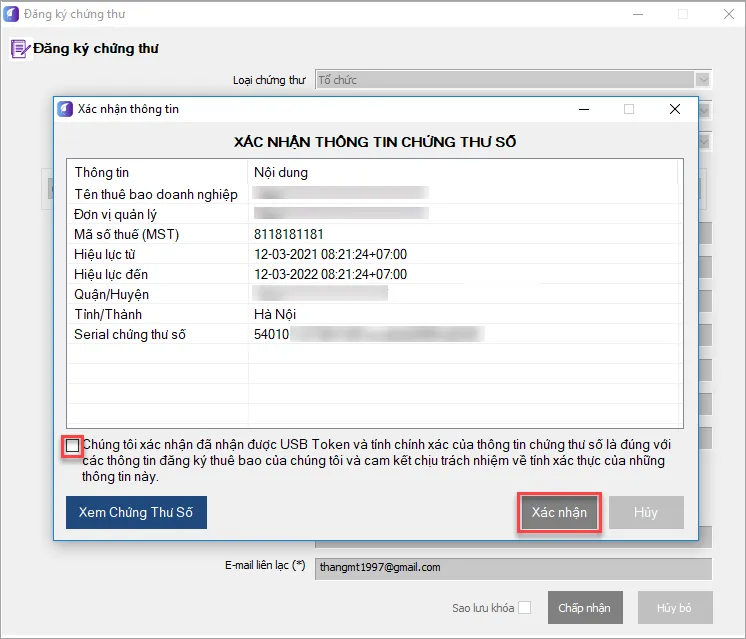 Màn hình yêu cầu xác nhận thông tin trên chứng thư số lần cuối