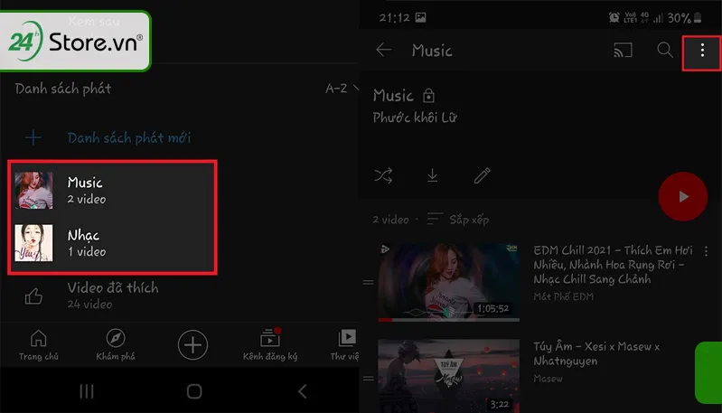 Màn hình YouTube hiển thị tùy chọn quản lý playlist trong thư viện, bao gồm khả năng xóa video khỏi danh sách phát để tối ưu quá trình tải video hàng loạt