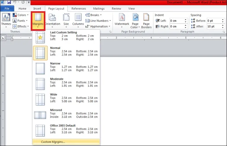 Margins là lệnh dùng để căn chỉnh và lựa chọn lề