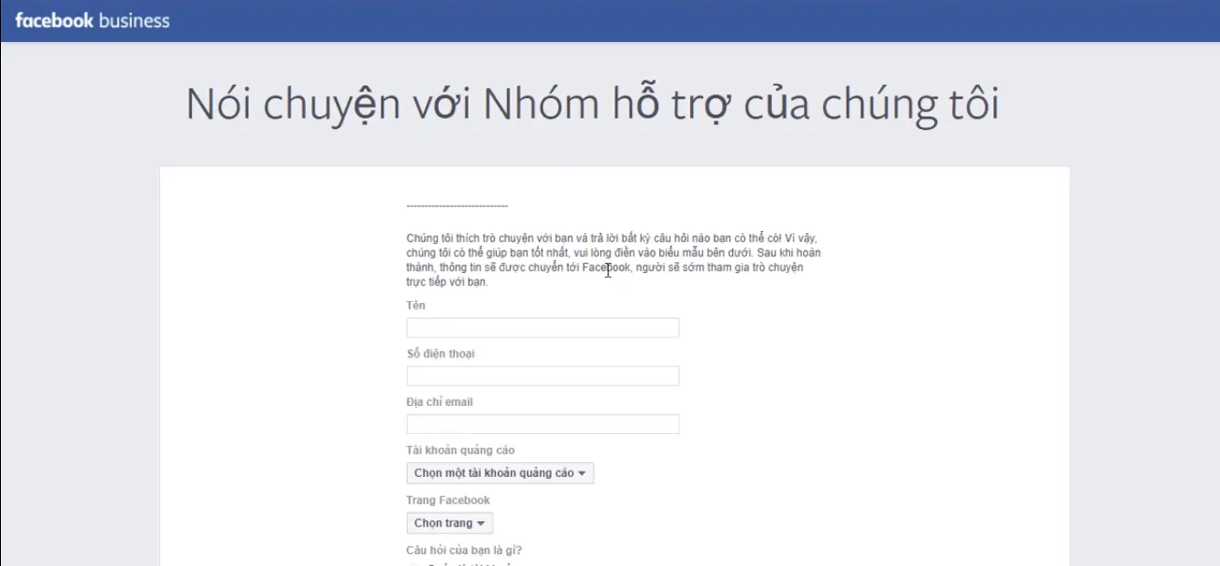 Mẫu form chat thành công khi thực hiện cách liên hệ với đội ngũ facebook sau khi đổi ngôn ngữ