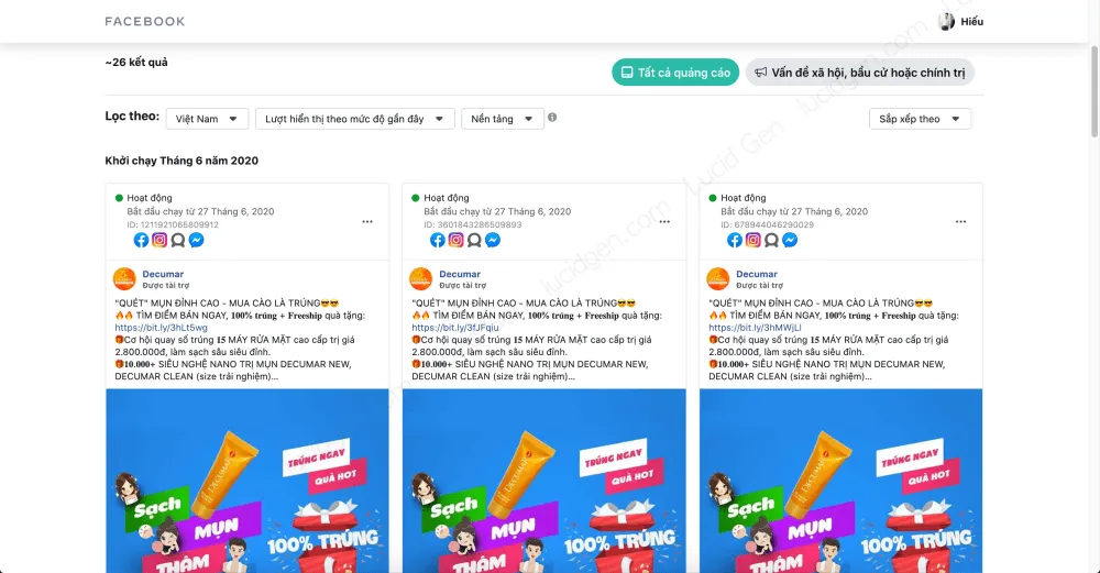 Mẫu quảng cáo của đối thủ được hiển thị trong Thư viện Quảng cáo của Facebook