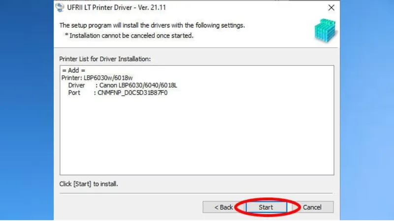 Máy tính sẽ tự động tìm kiếm và hiển thị máy in Canon 6030W trên mạng; chọn máy in và hoàn tất cài đặt