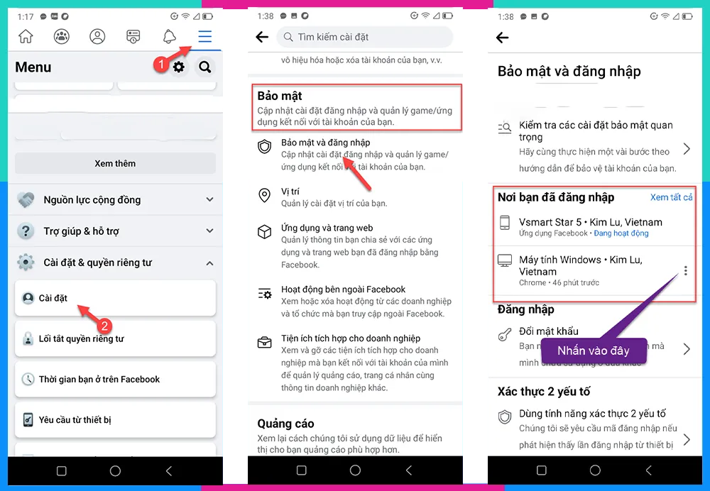 Menu ba chấm để chọn đăng xuất khỏi phiên đăng nhập nghi ngờ trên Android