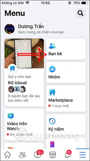 Menu Facebook trên điện thoại, chọn mục Bạn bè