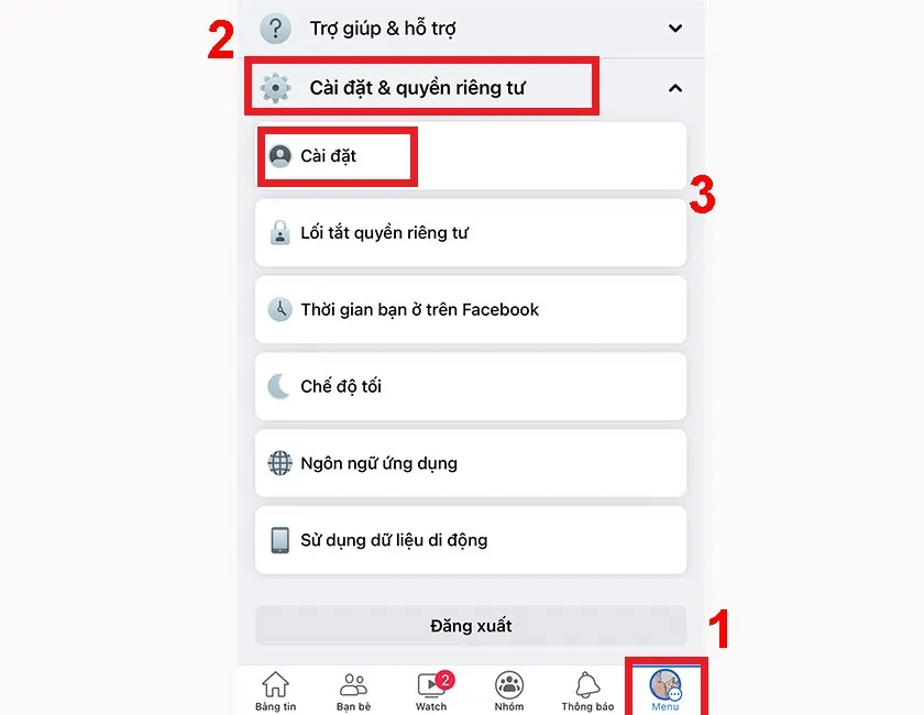 Menu và Cài đặt & quyền riêng tư trên giao diện ứng dụng Facebook iOS