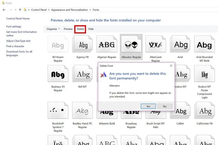 Minh họa các bước xóa bỏ font chữ không cần thiết trên Windows 10