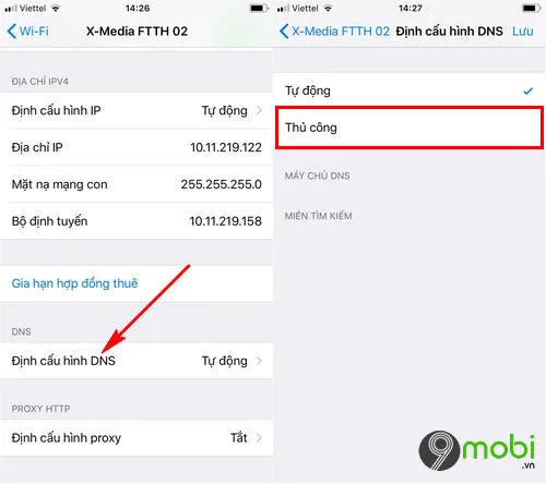 Minh họa chọn Định cấu hình DNS trên iPhone