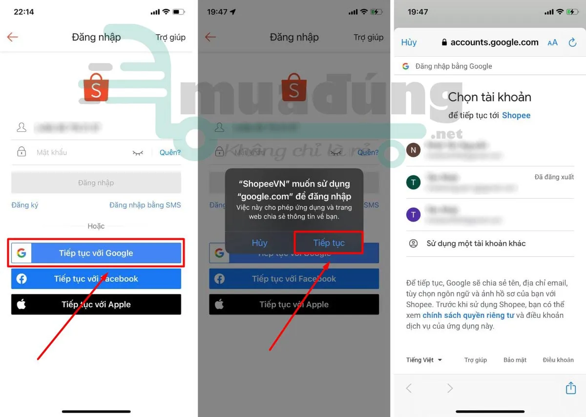 Minh họa đăng nhập Shopee bằng tài khoản Google (Gmail)