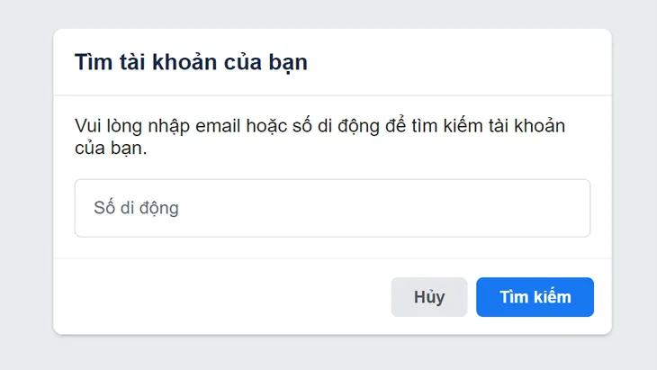 Minh họa giao diện tìm kiếm tài khoản bằng Email hoặc số điện thoại