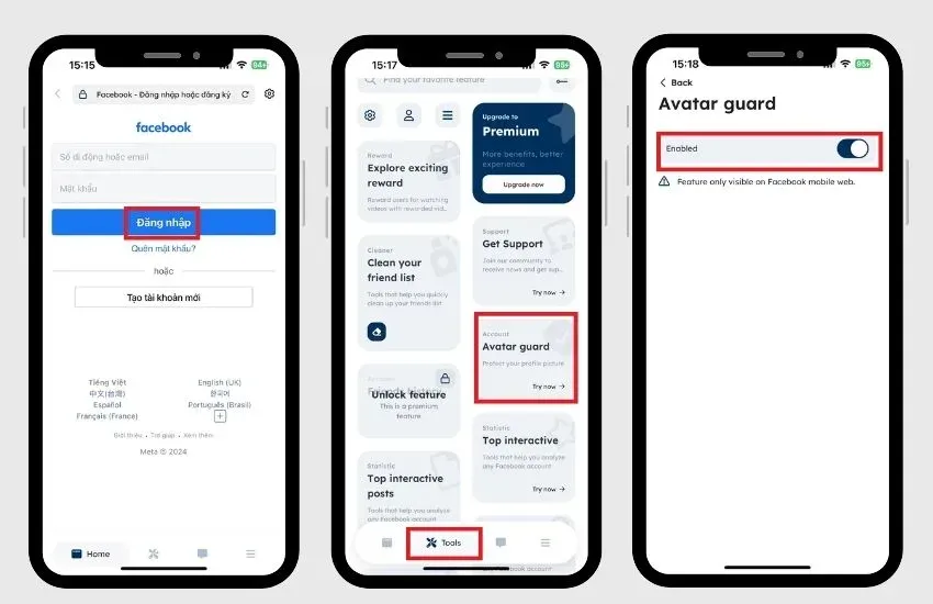 Minh họa giao diện ứng dụng bên thứ ba để bật khiên bảo vệ Avatar Facebook, ngăn chặn việc tải ảnh về