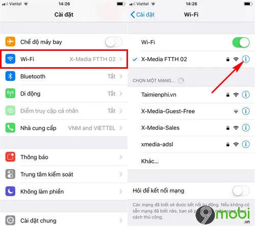 Minh họa giao diện Wifi trên iPhone với biểu tượng 'i'