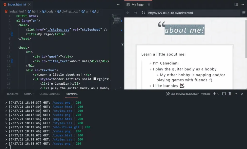 Minh họa việc chạy Live Preview Task và theo dõi Server Logging, cung cấp chi tiết lưu lượng truy cập máy chủ cục bộ.