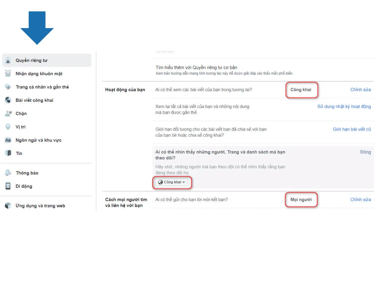 Mở các chức năng công khai tại phần “cài đặt” để trang Facebook có nhiều người theo dõi hơn
