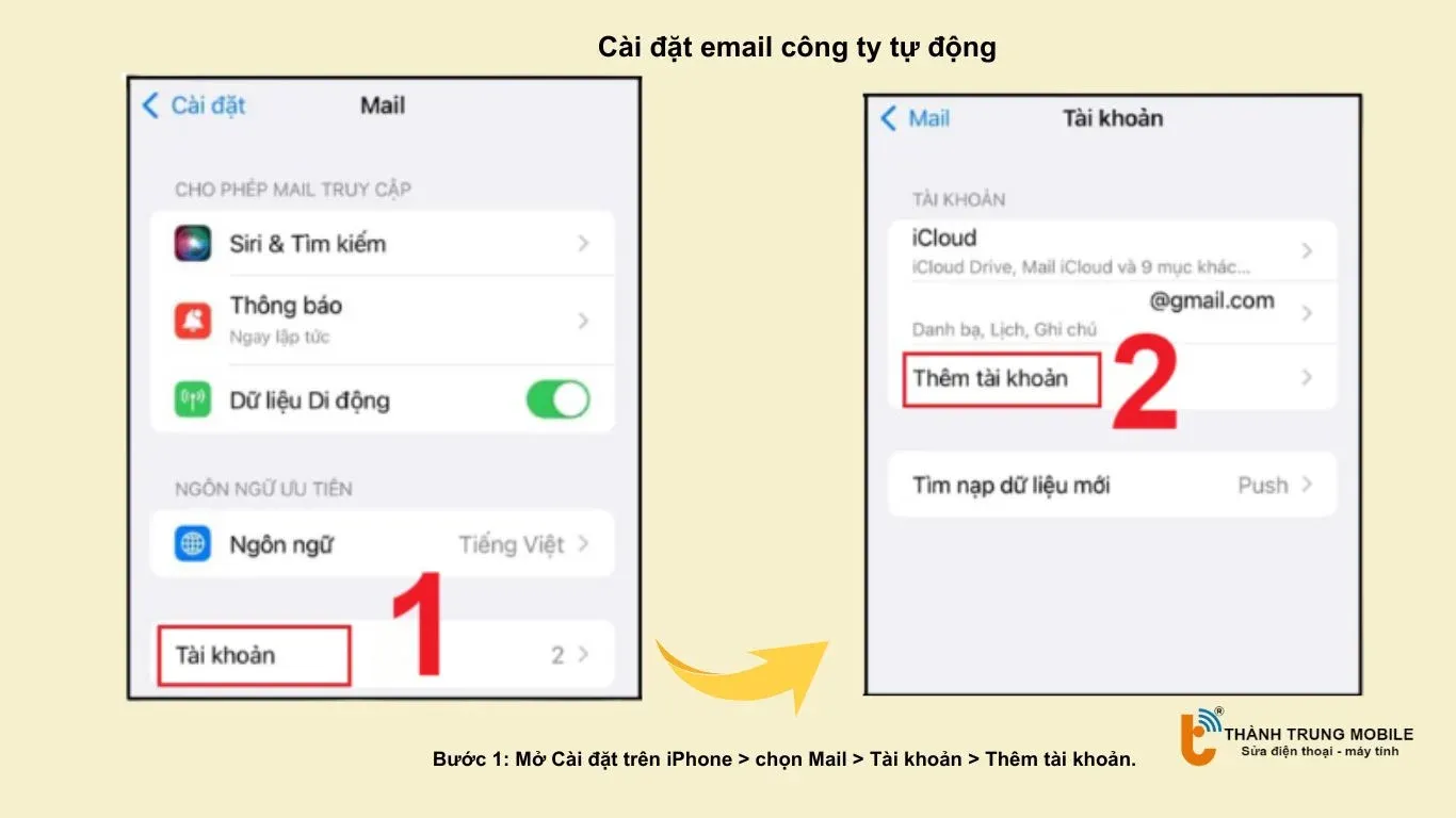Mở Cài đặt, chọn Mail, Tài khoản và Thêm tài khoản để bắt đầu quá trình cài đặt mail công ty tự động trên iPhone.