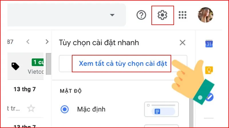 Mở cài đặt Gmail trên máy tính và chọn Xem tất cả tùy chọn để quản lý thông báo facebook email