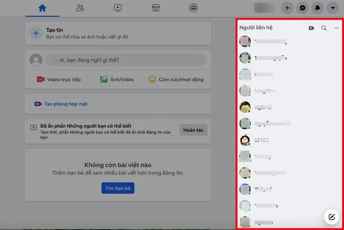 Mở Facebook trên máy tính, chọn mục Người liên hệ ở phía bên phải để xem danh sách bạn bè online trên Facebook