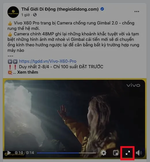 Mở Facebook trên máy tính > Chọn video mà bạn muốn lấy ID bằng cách nhấn vào biểu tượng mũi tên ở góc dưới bên phải của video