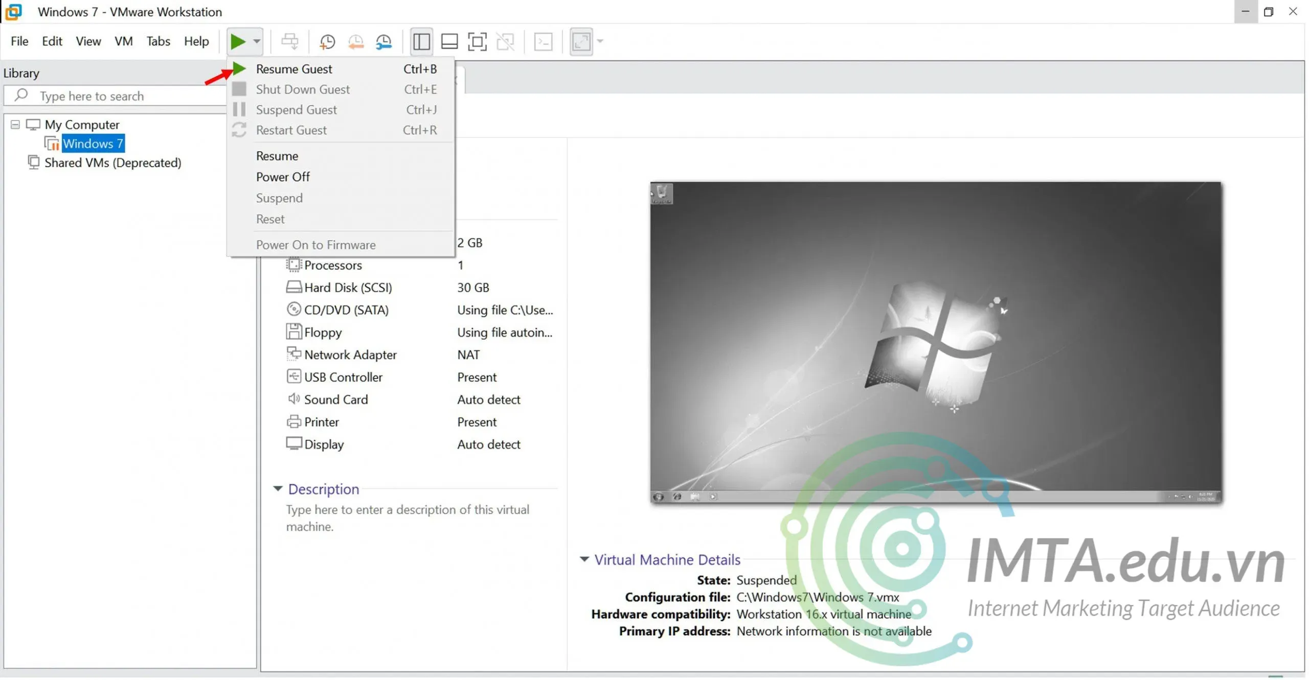 Mở lại máy ảo đã tạm dừng trước đó