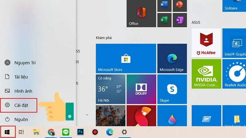 Mở menu Start trên Windows và chọn Cài đặt