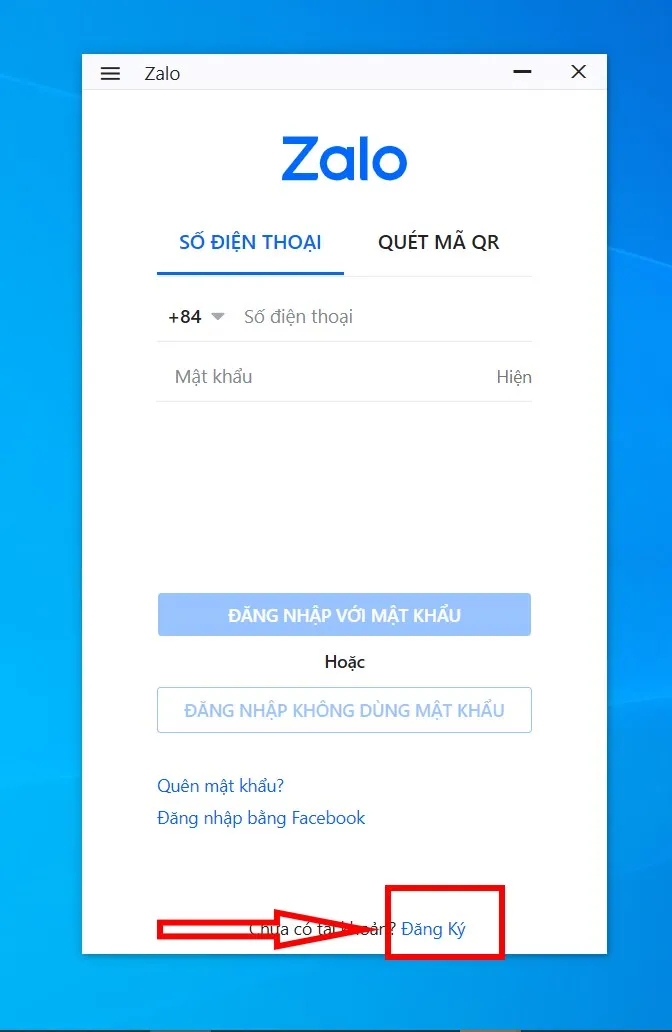 Mở phần mềm Zalo đã cài đặt và chọn mục Đăng ký để bắt đầu tạo tài khoản mới