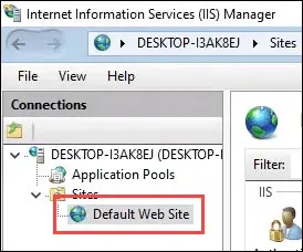 Mở rộng Default Web Site trong mục Connections của IIS Manager