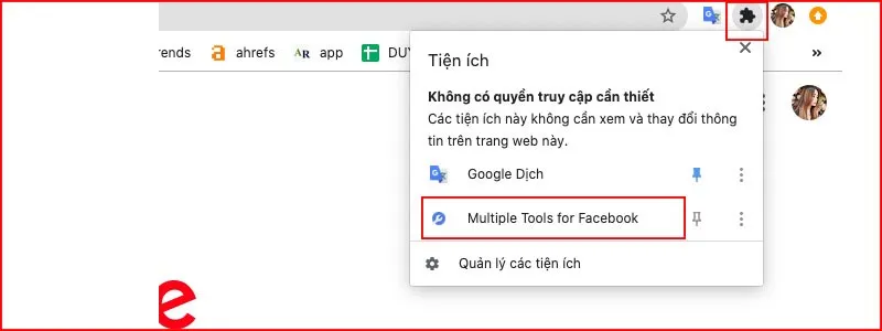 Mở tiện ích Multiple Tools for Facebook đã cài đặt trên trình duyệt