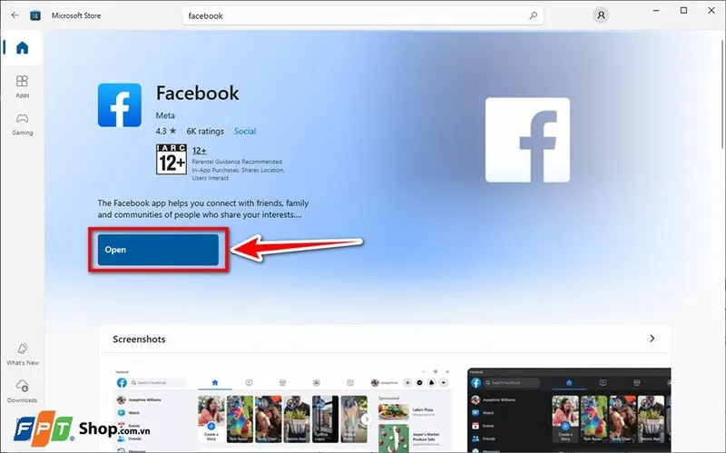 Mở ứng dụng Facebook sau khi cài đặt thành công