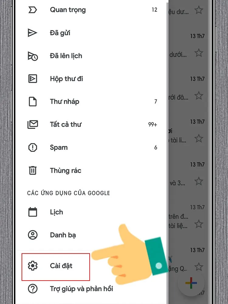 Mở ứng dụng Gmail và truy cập Cài đặt để tìm cách tắt thông báo facebook trên gmail di động