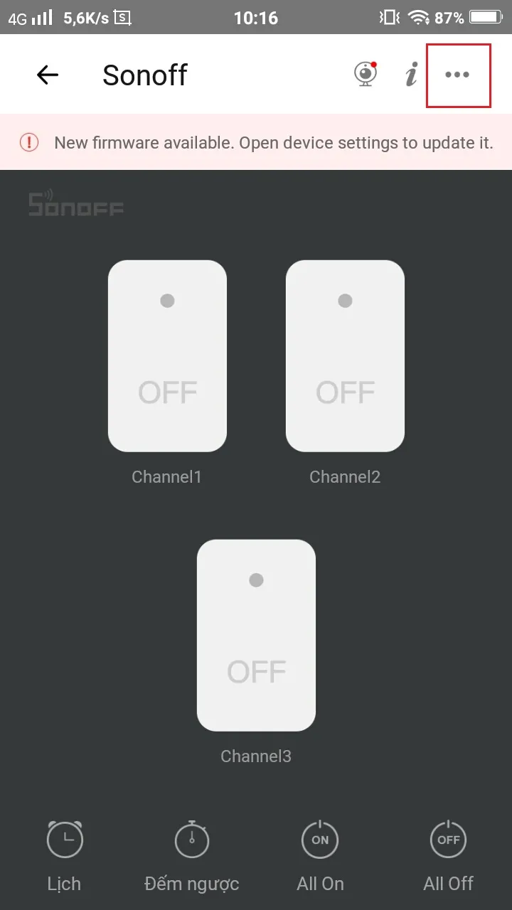 Mục cài đặt nâng cao của thiết bị Sonoff trong ứng dụng eWeLink