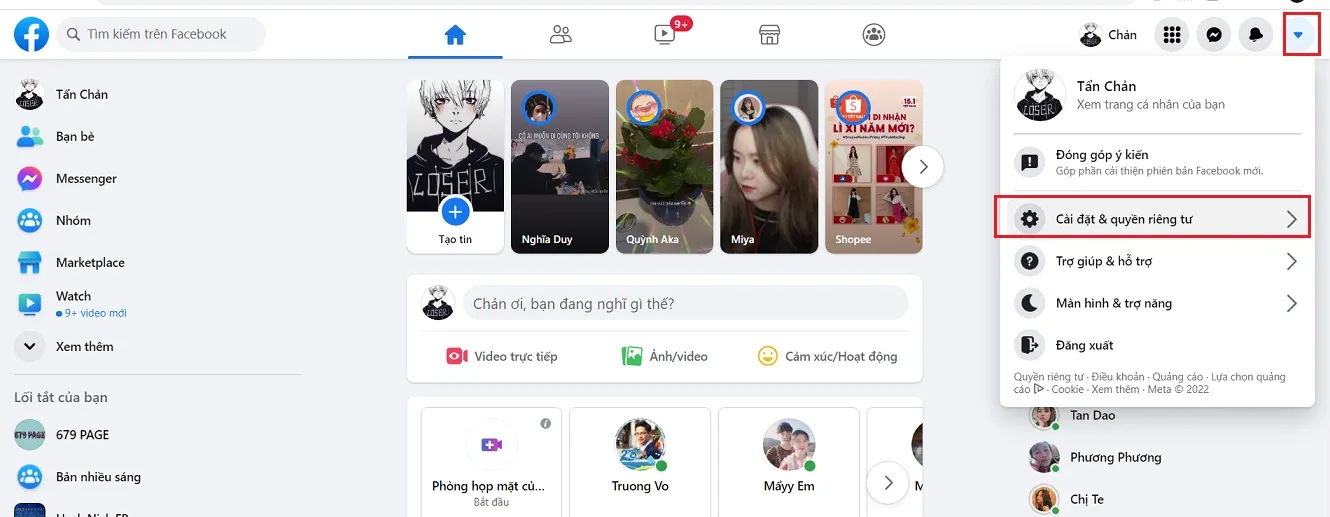 Mục Cài đặt & Quyền riêng tư trên Facebook máy tính để bắt đầu rút gọn link