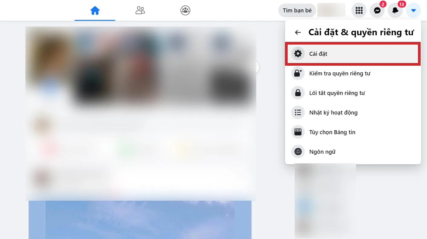 Mục Cài đặt trên giao diện Facebook để thiết lập tính năng theo dõi
