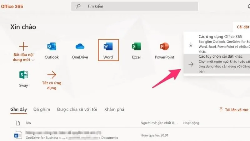 Mục chọn Cài đặt hoặc Tải xuống Word 2013 thông qua Office 365