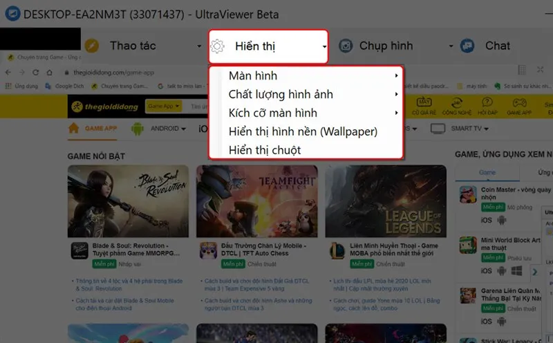 Mục hiển thị trên ứng dụng