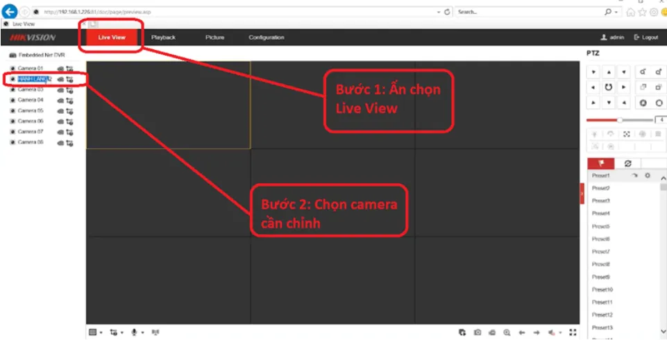 Mục Live View trên giao diện web đầu ghi hình để chọn camera cần điều chỉnh