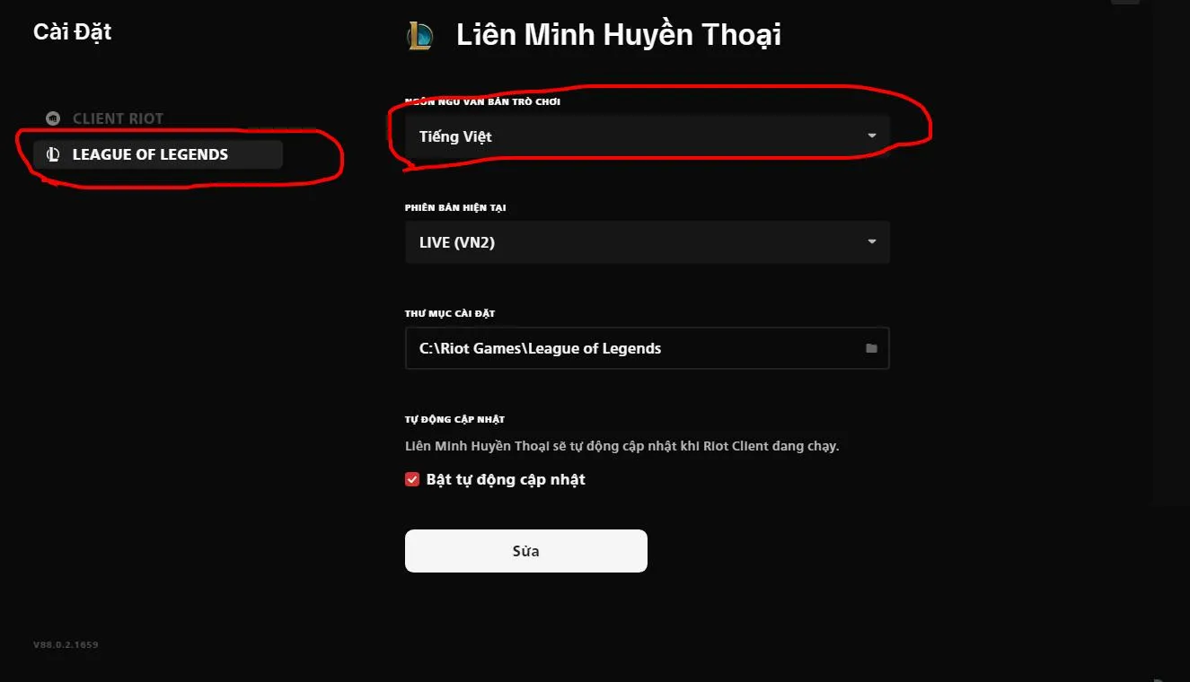 Mục Ngôn ngữ (Language) để chọn Tiếng Việt trong Cài đặt trò chơi LOL