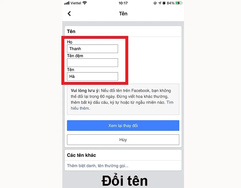 Mục Tên trong phần Thông tin cá nhân để thực hiện thay đổi tên