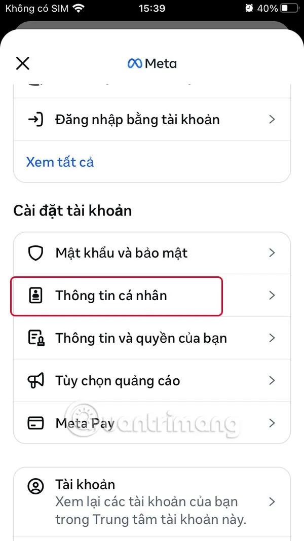 Mục Thông tin cá nhân trong Trung tâm tài khoản Facebook