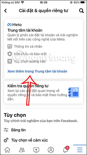 Mục Trung tâm tài khoản trong cài đặt để thực hiện cách vào email facebook