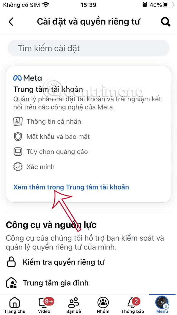 Mục Trung tâm tài khoản trong cài đặt Facebook