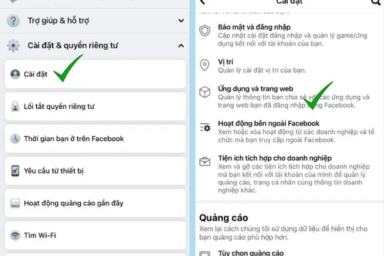 Mục Ứng dụng và trang web trong Cài đặt tài khoản Facebook