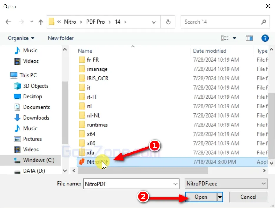Người dùng chọn tệp thực thi 'NitroPDF' trong thư mục phiên bản và nhấn 'Open'