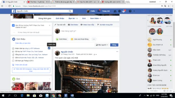 Người dùng đang tìm và nhấp vào Chỉnh sửa ở phần Giới thiệu của tài khoản Facebook